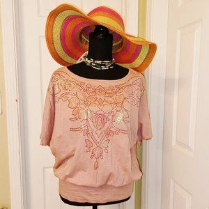 Cha Cha Vente FRENCH ROSE PINK Blousson Top Blouse M Embroidered w/ Sequins EUC
